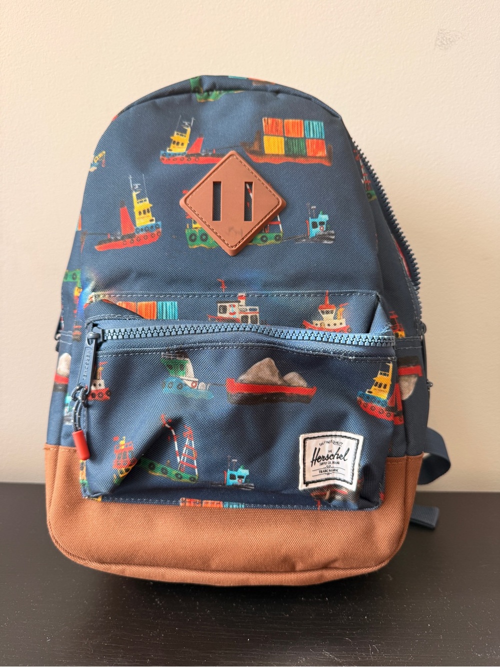 Herschel Supply Company Kids Navy Boat Print Backpack with Brown Base